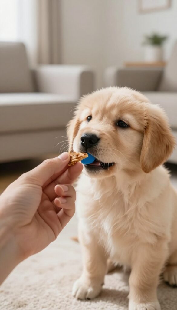 A person trades a treat for a toy with a puppy during a training game.