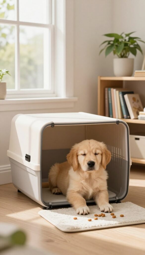 A happy puppy sitting calmly in an open crate in a bright, cozy living room with treats nearby.