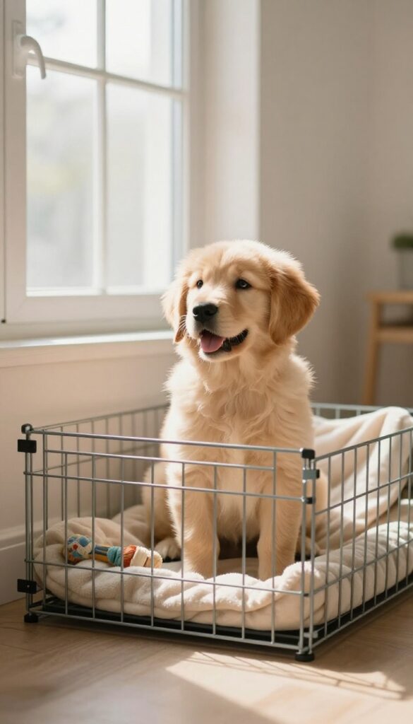 A calm golden retriever puppy sitting inside a cozy wire crate with a blanket and toy, looking content in a bright living room.