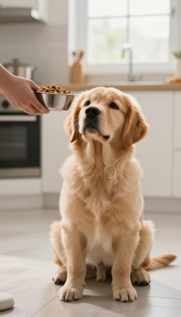 A puppy waiting patiently by a food bowl during a training exercise