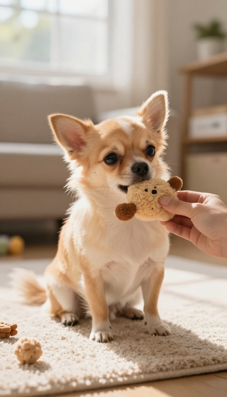 Small dog calmly holding a toy while a hand offers a treat, illustrating positive resource guarding training.
