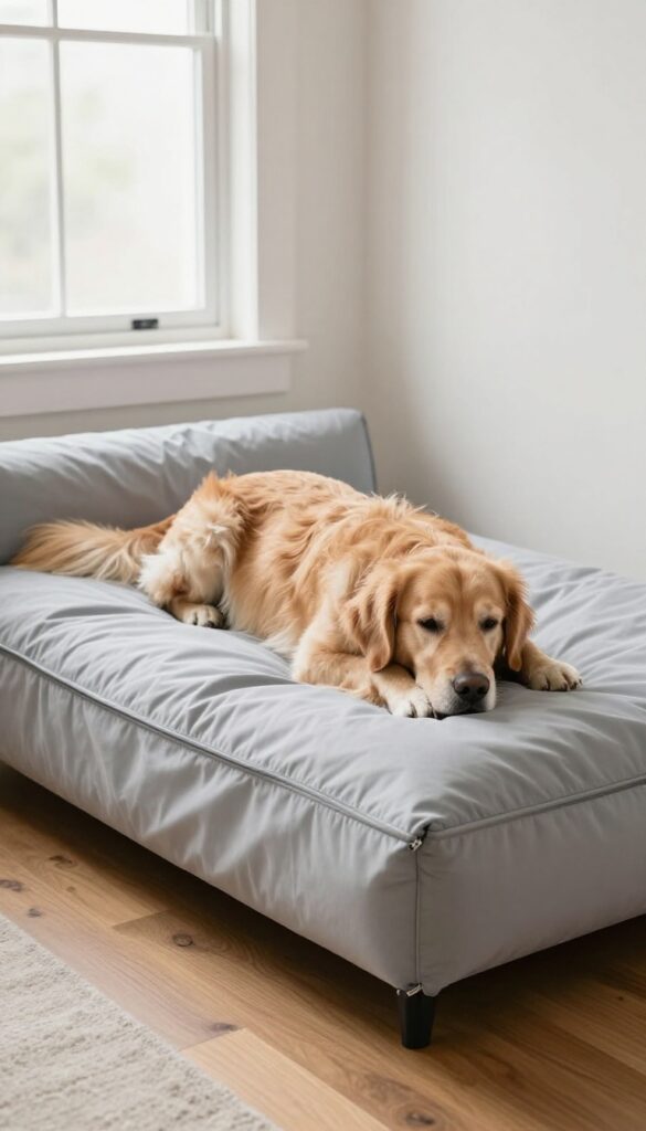 Senior dog resting on a washable memory foam bed with waterproof liner in a bright living room