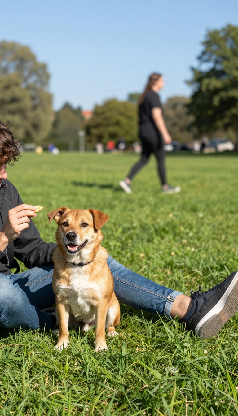 Person training dog to make eye contact in a sunny park, with a treat near their face, while a stranger is blurred in the background.