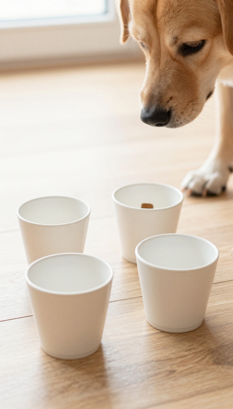 Dog playing the shell game with three cups on a wooden floor