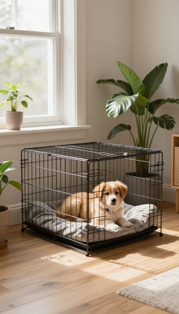 A puppy sitting comfortably in a well-placed wire crate in a bright living room corner.