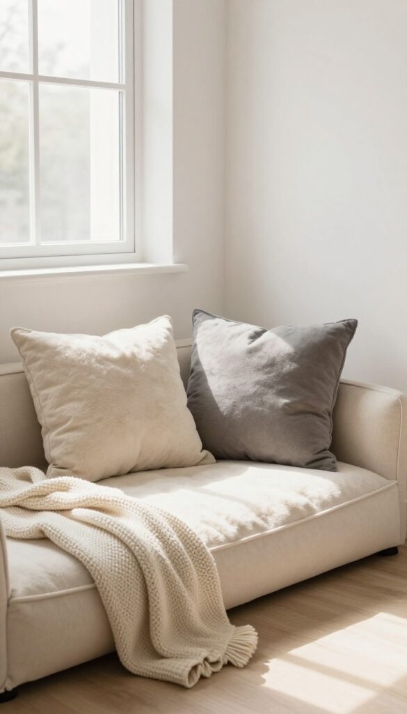 Dog bed with faux fur throw and pillows in a bright living room