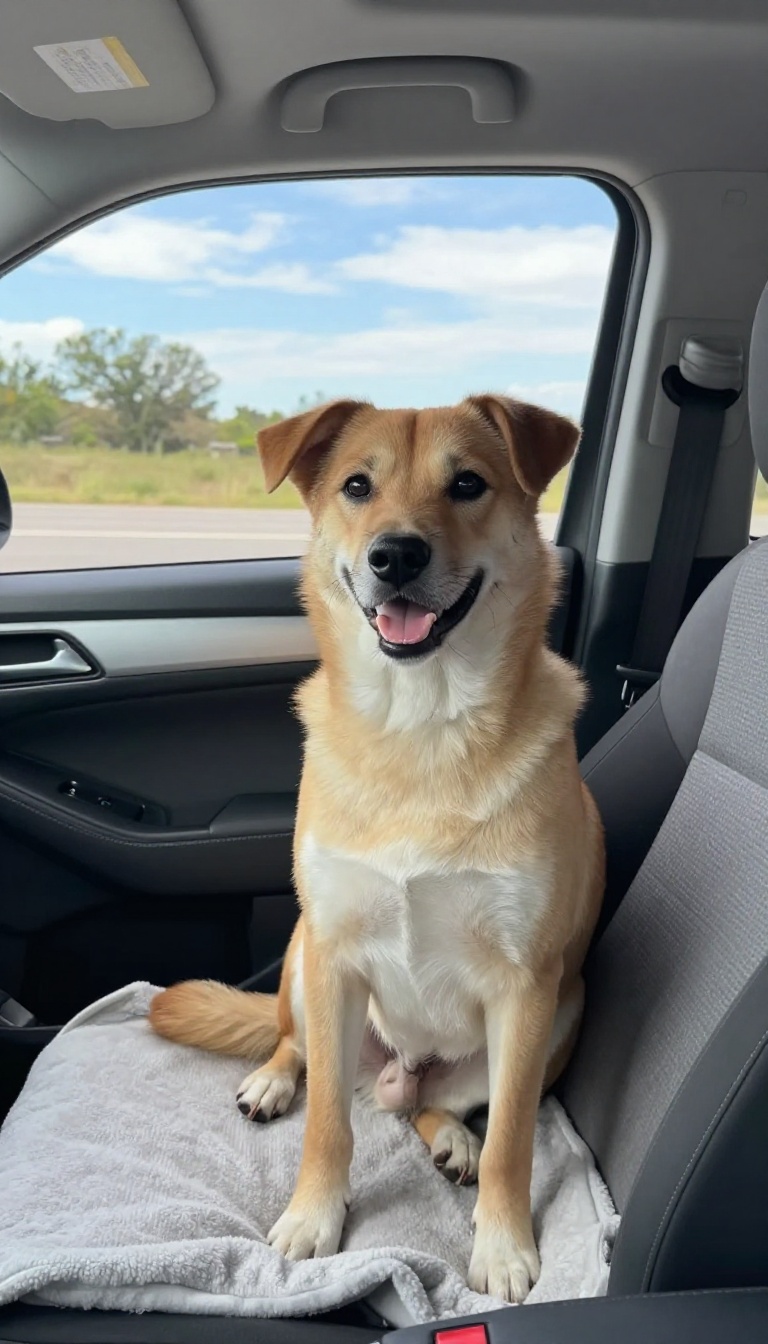 A calm dog sitting in the back seat of a car, looking out the window, with a blurred scenic background.