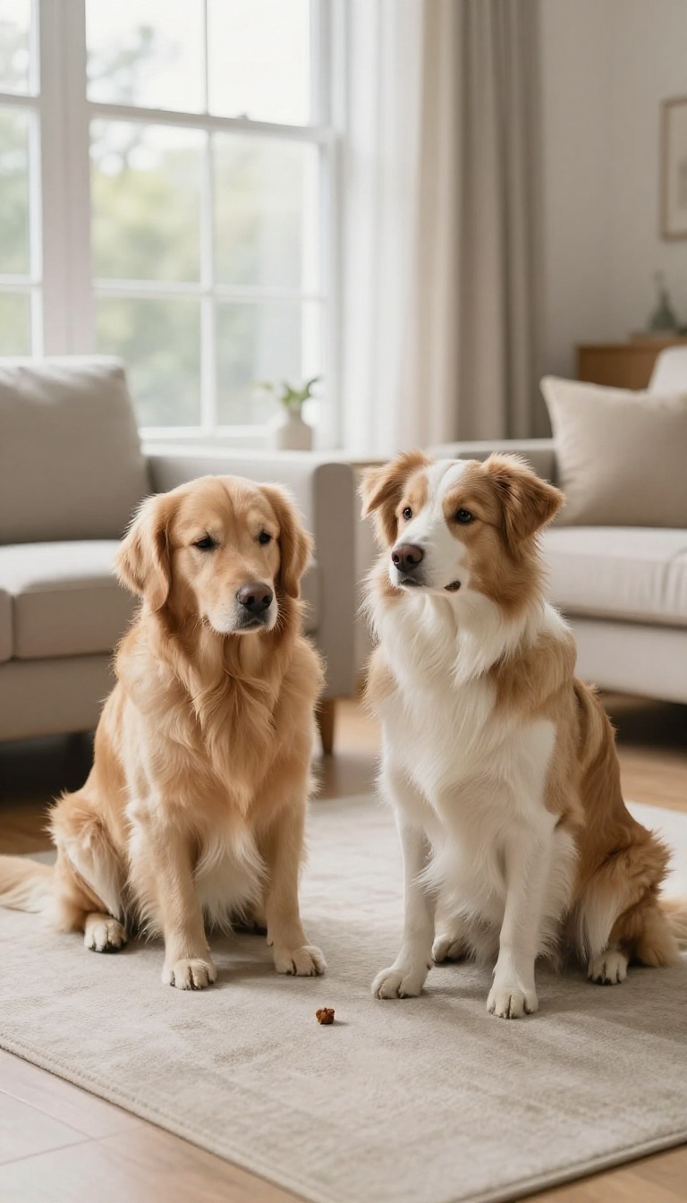 Two dogs calmly sitting together in a sunlit living room, one looking away from a treat on the floor, demonstrating a 'leave it' cue.
