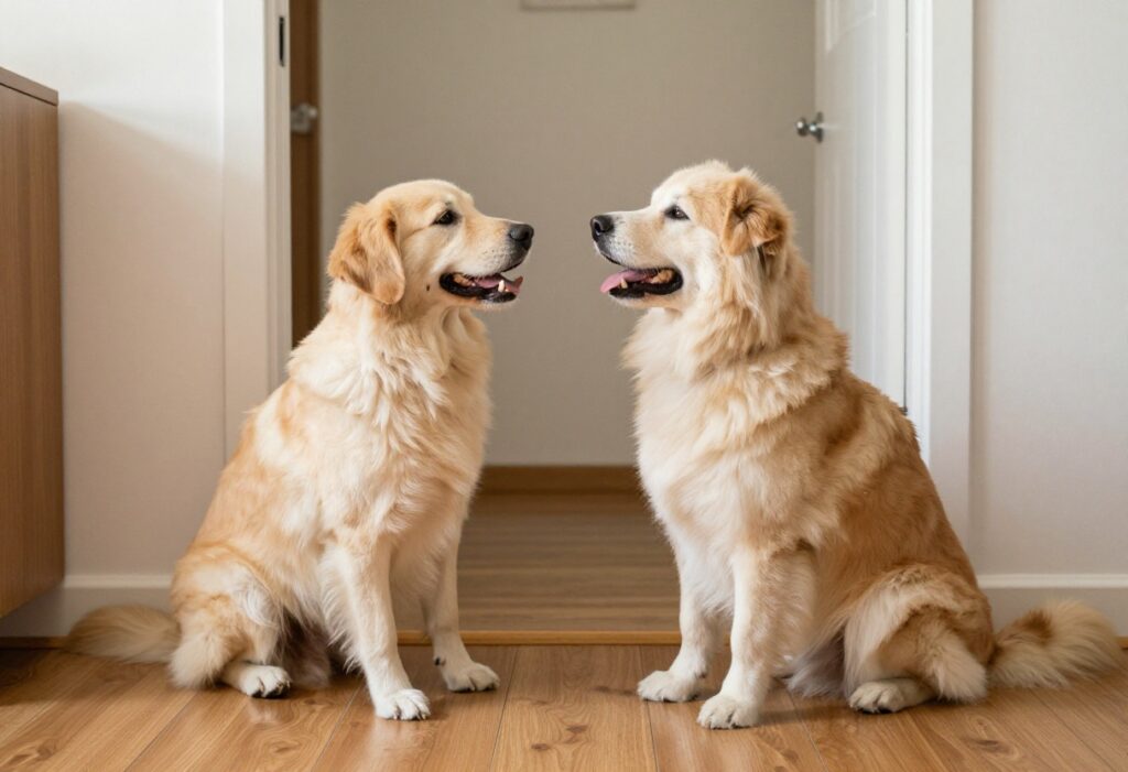 Calm dog sitting by front door while guest enters, owner rewarding with treat