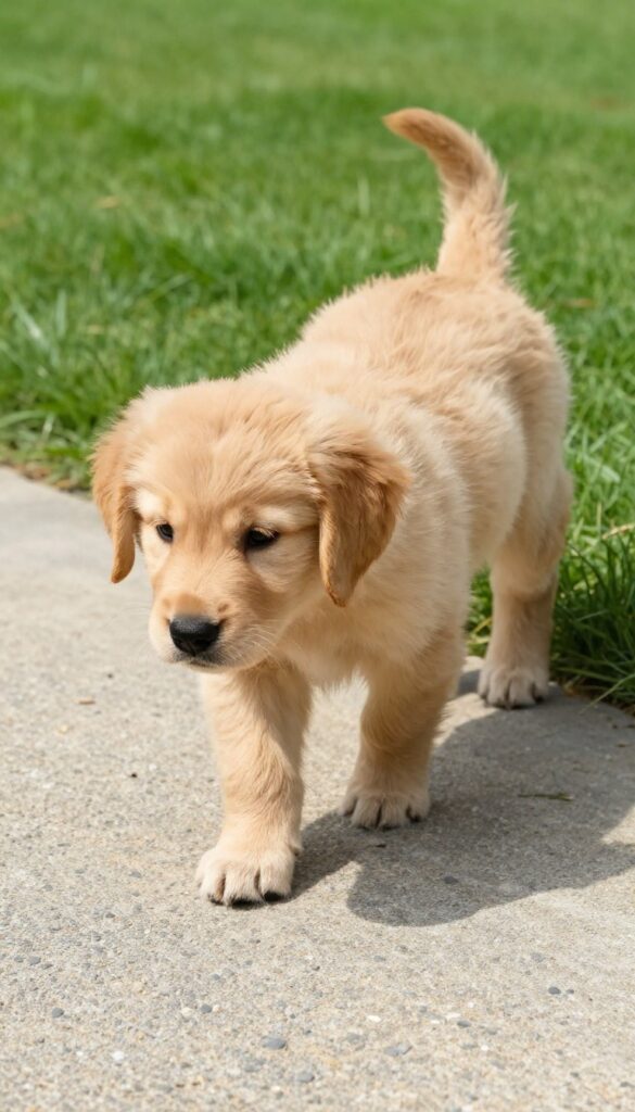 Puppy confidently walking on a textured surface with grass, concrete, and pebbles in bright natural light