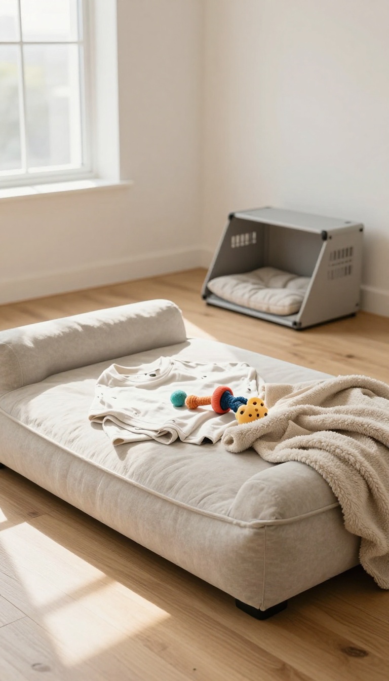Cozy dog safe zone with plush bed, toys, and soft lighting in a bright living room
