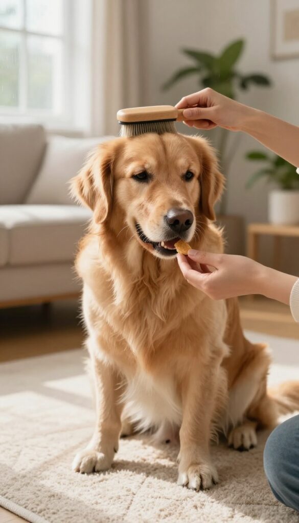A person gently brushing a calm golden retriever while giving it a treat, in a bright, cozy indoor setting on a rainy day.