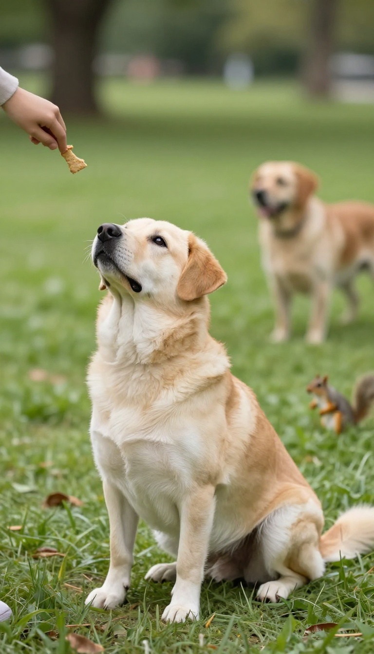 A calm dog sitting on a path, looking at its owner for guidance, with distractions like another dog and a squirrel in the background.