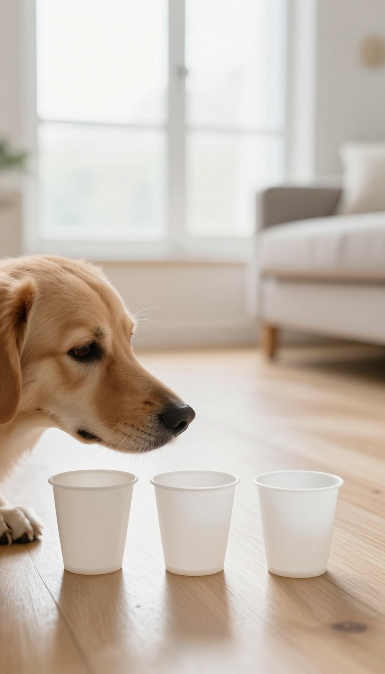 Dog playing the cup game with three cups on a wooden floor