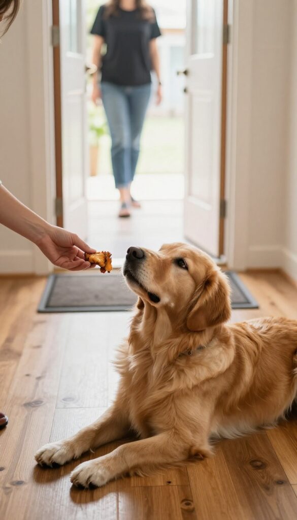 A hand offering a high-value treat to a calm dog sitting by the door as a guest arrives.