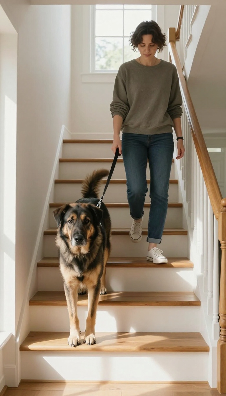 Large dog walking calmly down stairs beside its owner on a loose leash in a bright home