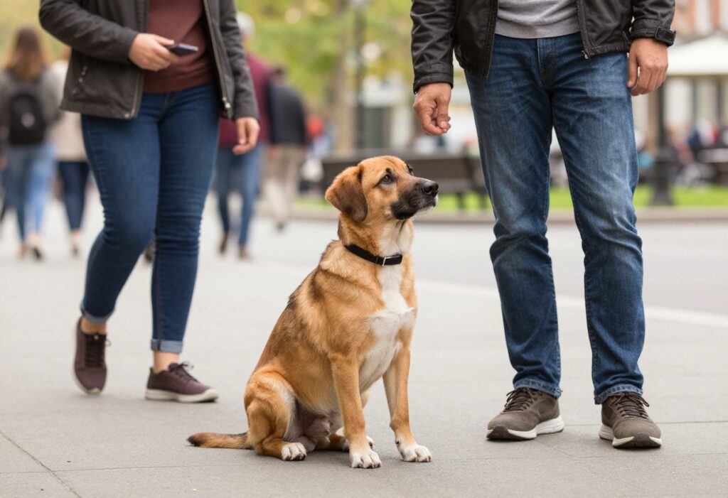 Puppy focusing on owner during training in a busy city park