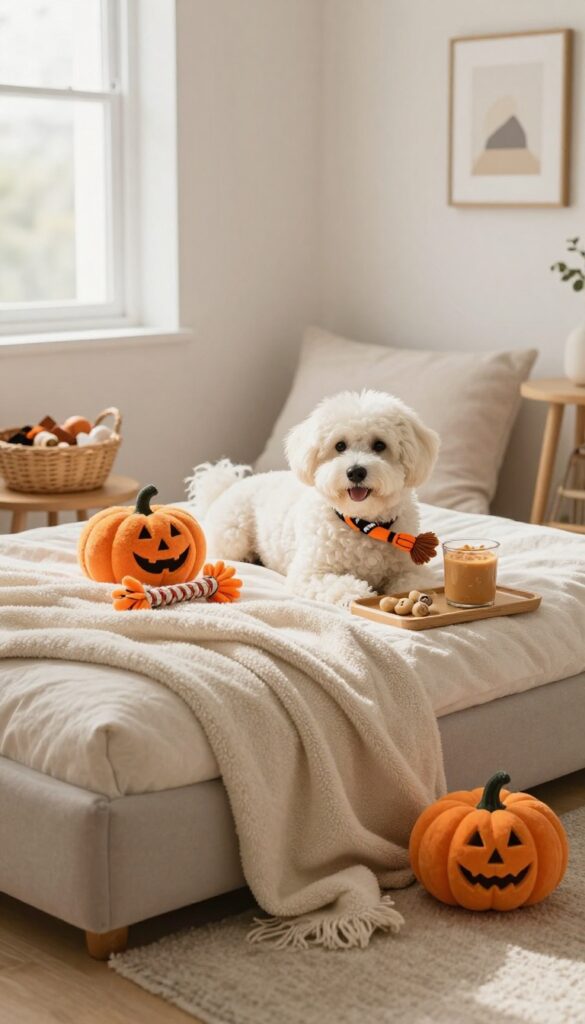A cozy dog training station with a bed, Halloween toys, and a stuffed Kong toy in a bright living room corner