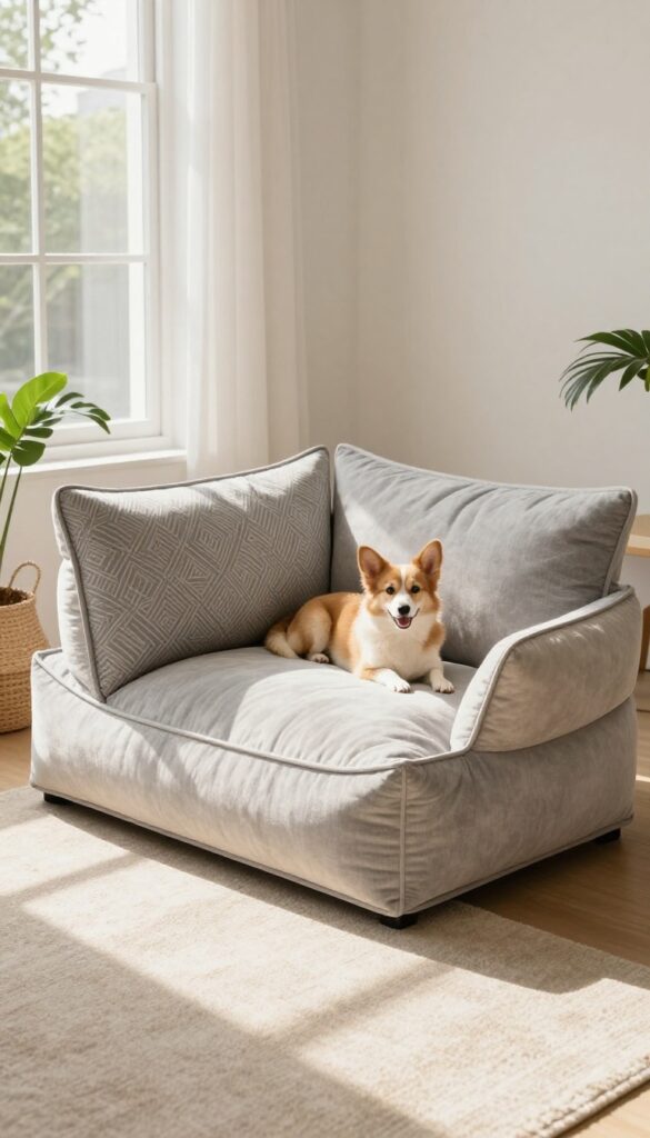 Reversible dog bed pillow with two fabric options in a bright living room, dog resting on it