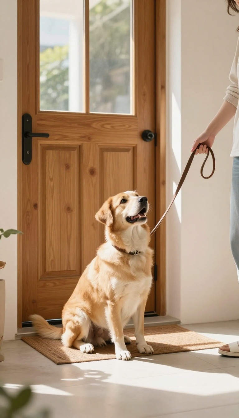 A dog sitting patiently at an open doorway during a training session, with sunlight and a hand gesture signaling wait.