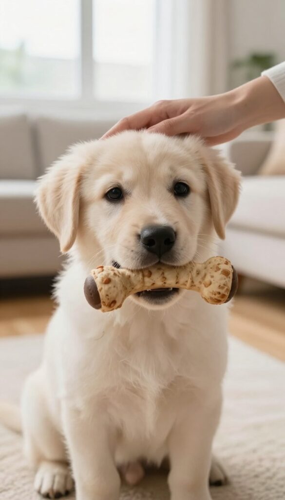 Puppy gently holding a chew toy while being petted, illustrating bite inhibition training.