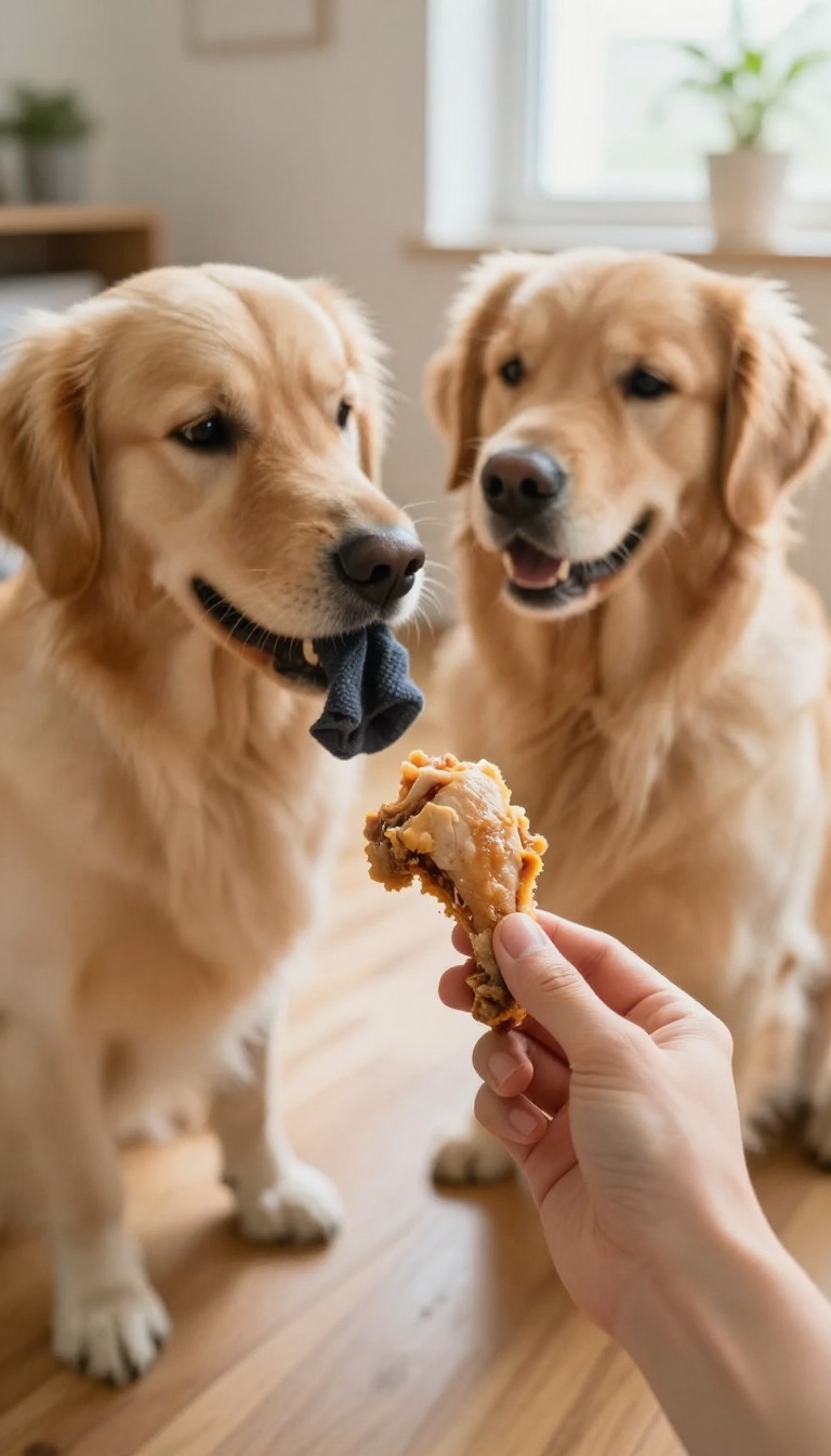A dog dropping a sock in exchange for a treat during a training session