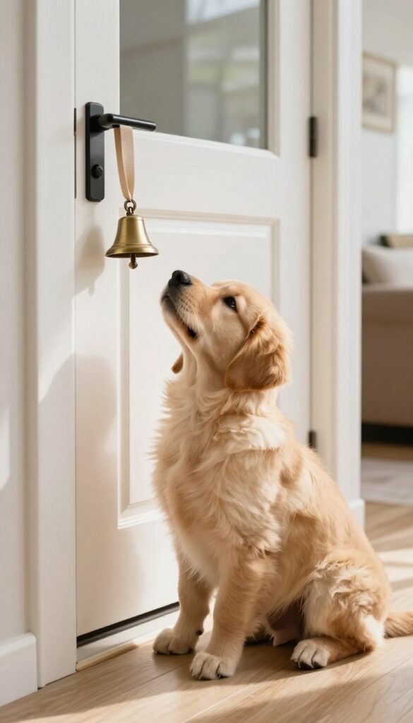 Golden retriever puppy by a door with a hanging bell, ready to ring it for potty time