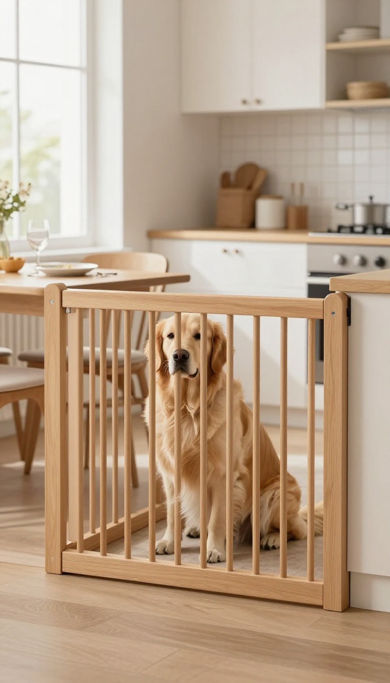 A dog resting calmly behind a baby gate in a bright dining area, illustrating a visual barrier to discourage begging.