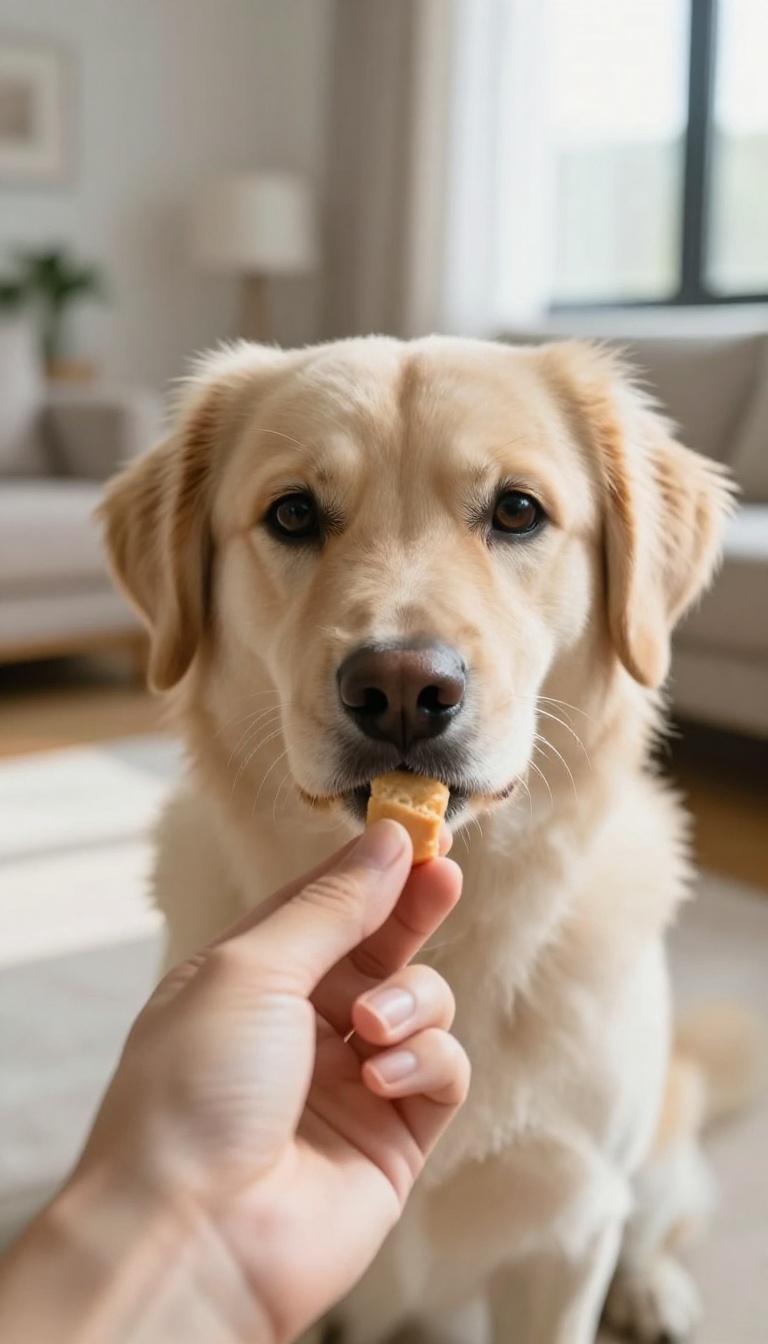 Dog making eye contact with camera while person holds a treat, demonstrating the 'watch me' training cue.