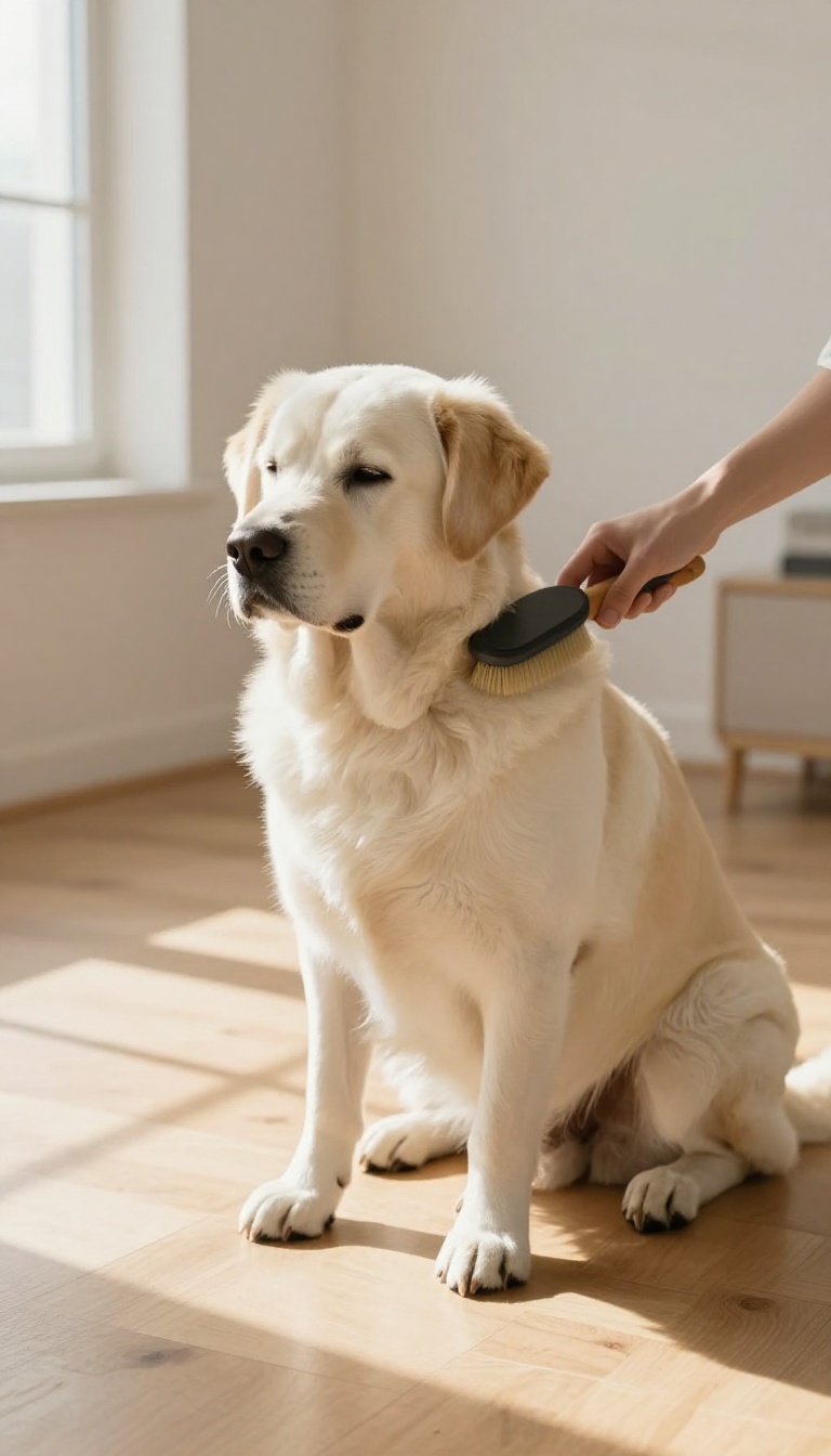 Person gently brushing a calm large dog in a bright living room