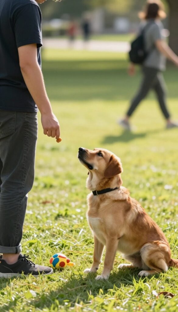 Dog training with the Name Game, dog making eye contact with owner at a distance in a park