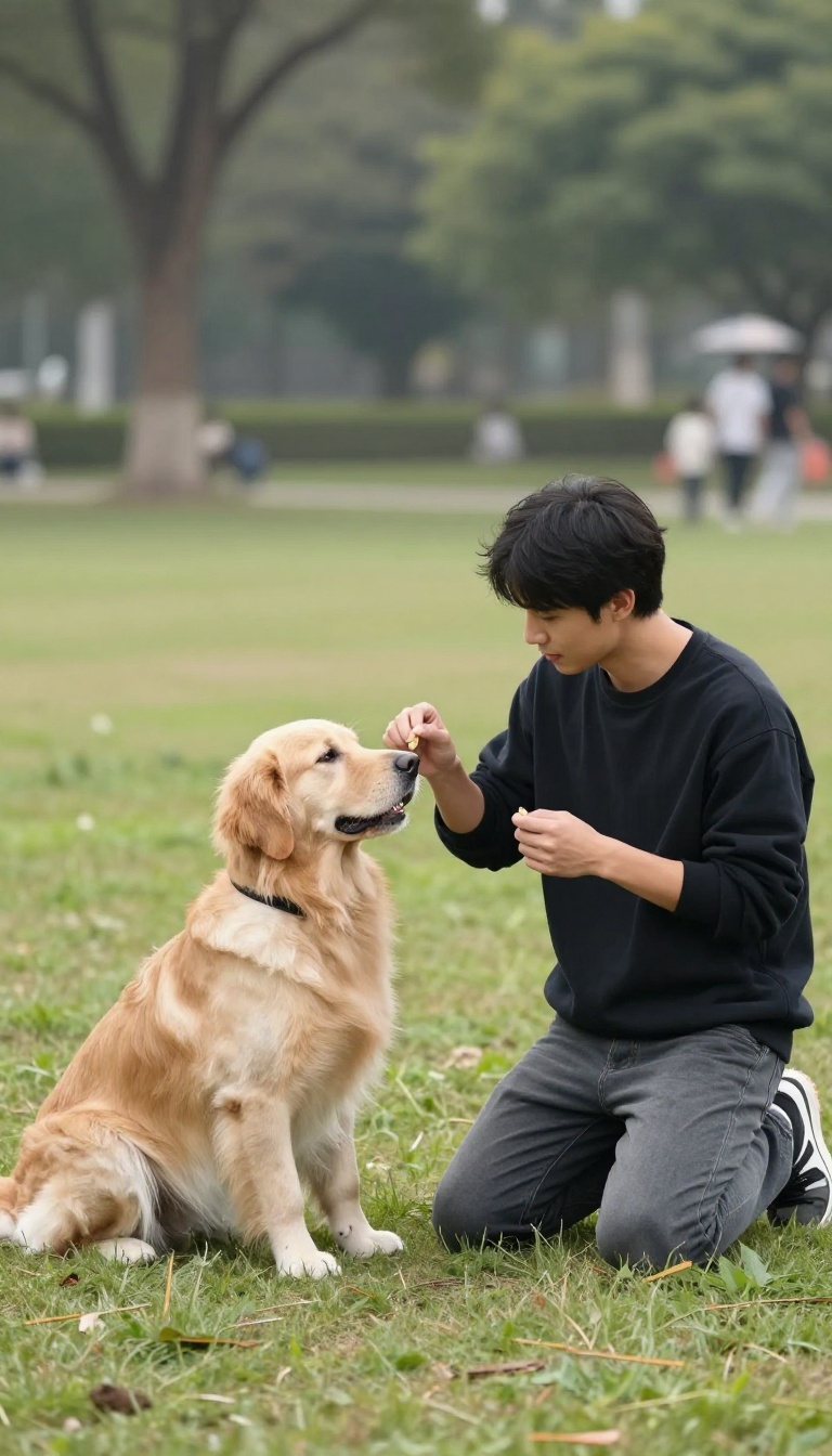 Person training a dog to sit in a park with mild distractions