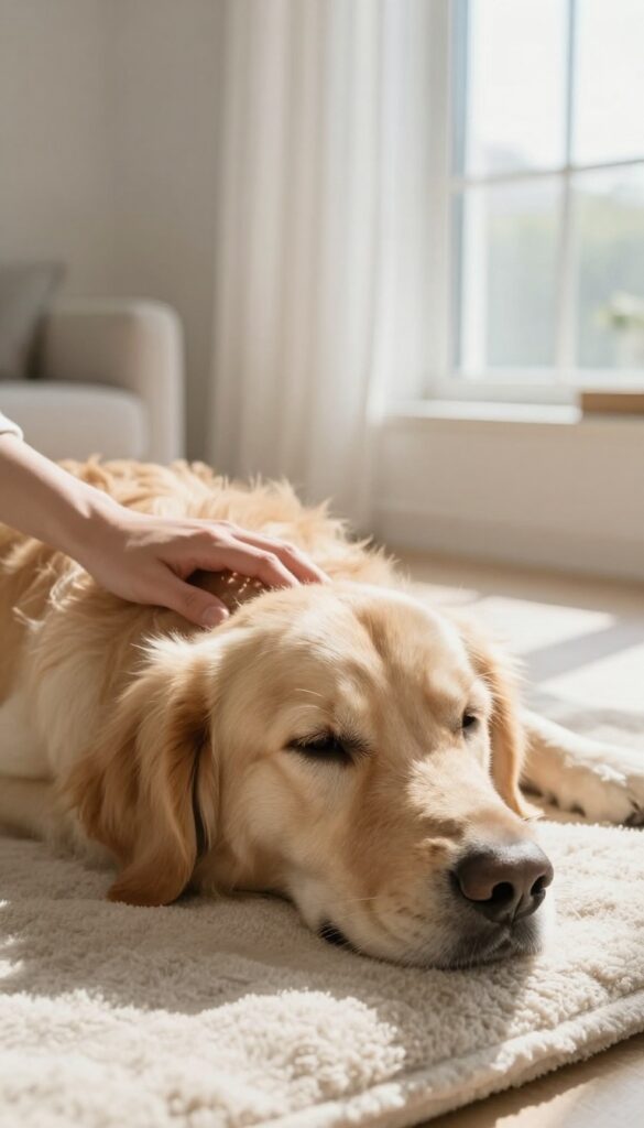 Person massaging a calm golden retriever's ears and shoulders in a bright living room