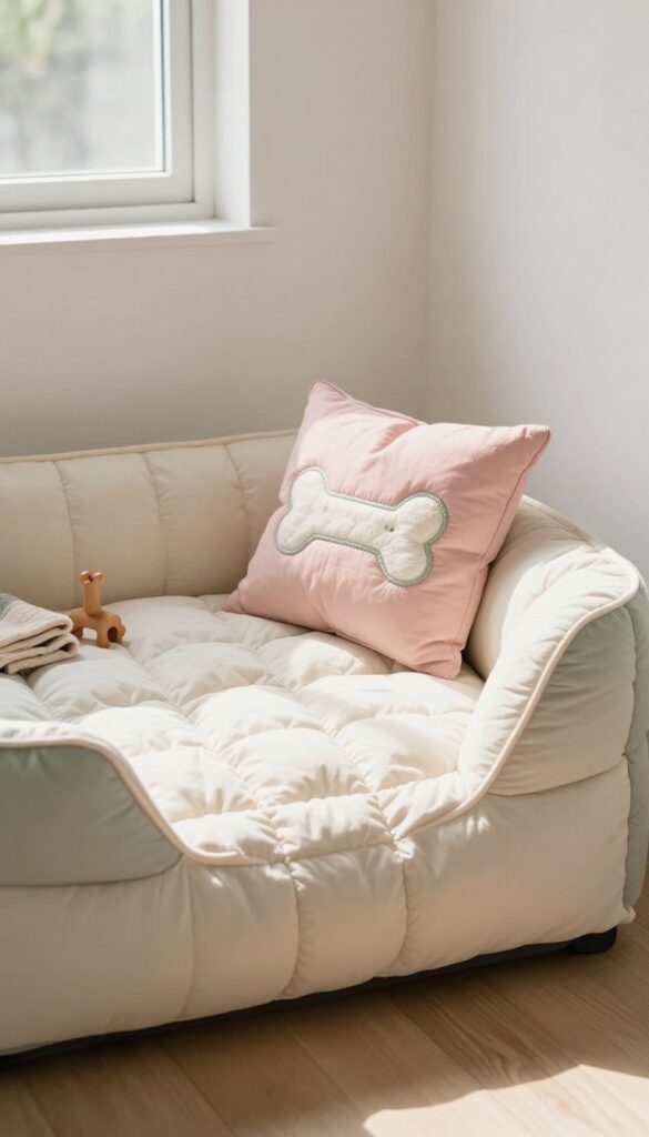 A handmade quilted dog bed with a bone appliqué in a bright, cozy living room