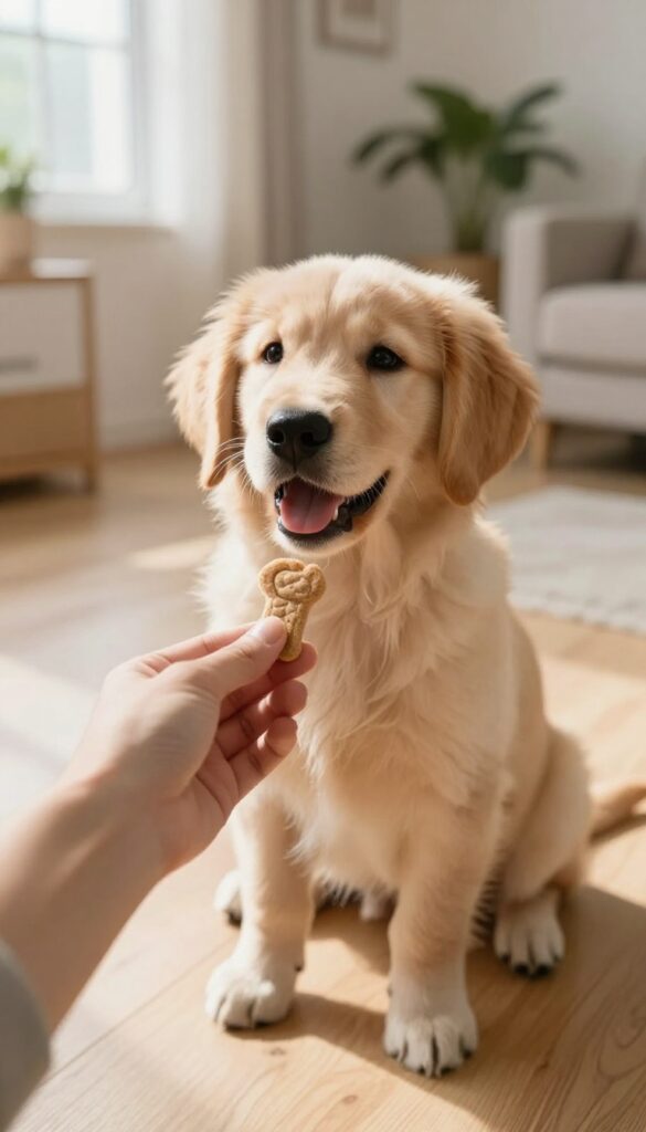 Hand offering a treat to a puppy in a sunlit room, illustrating positive reinforcement training.