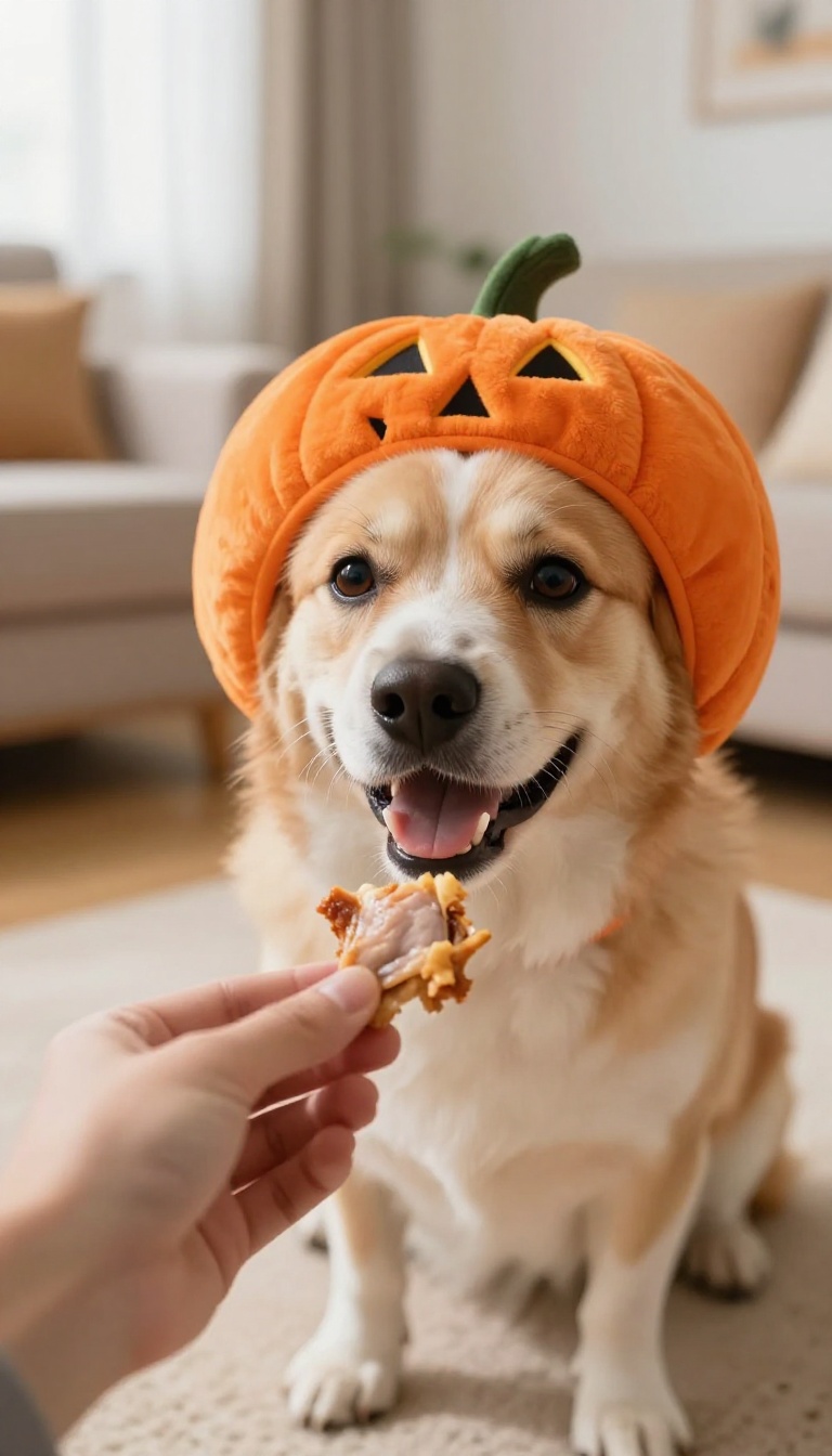 Dog wearing a pumpkin costume looking at a piece of chicken offered by a hand, with a bright living room background.