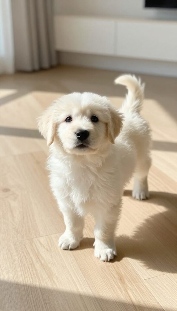 Puppy standing on a training pad in a bright, clean room