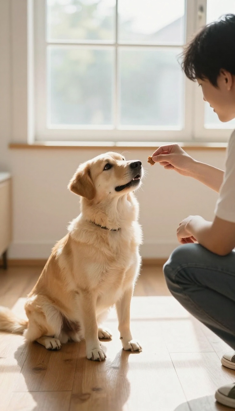 Dog sitting calmly on the floor while a person offers a treat during clicker training to reinforce polite greetings.