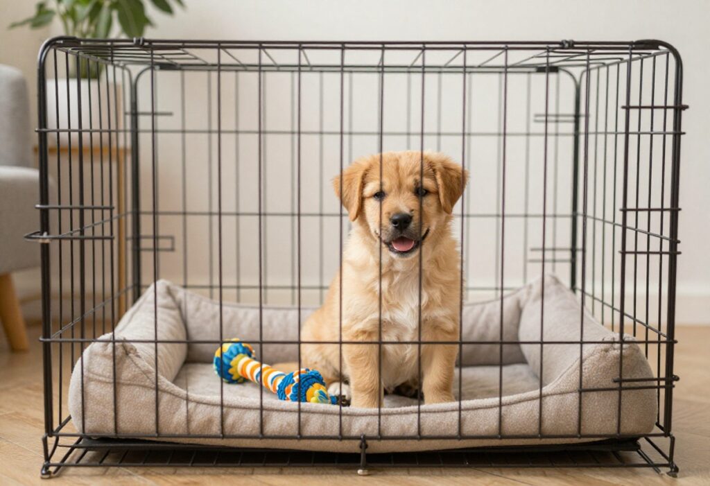 Happy puppy sitting calmly in a crate with a soft bed and toy