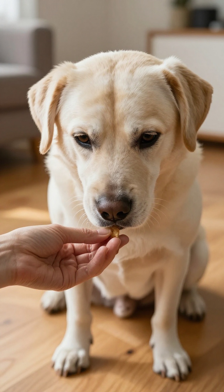 Senior dog sniffing a hand holding a treat in a sunlit room