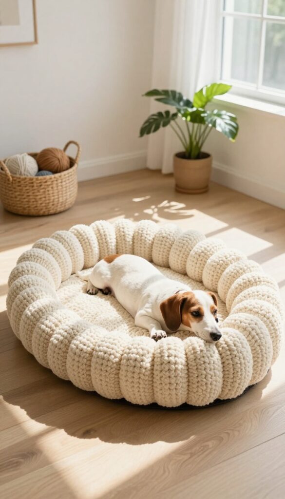 A cream oval crochet dog bed with a dachshund lounging inside, in a bright living room
