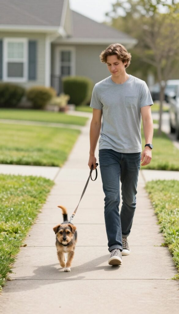 Person walking a small dog calmly on a quiet street with a loose leash, bright daylight, happy and relaxed mood.