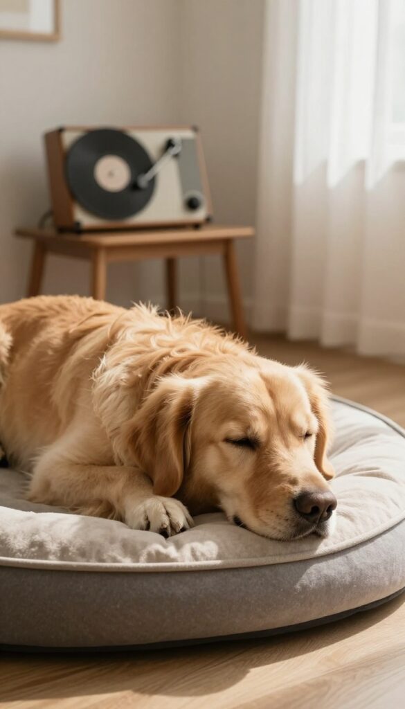Golden retriever relaxing on a mat beside a speaker in a sunlit room