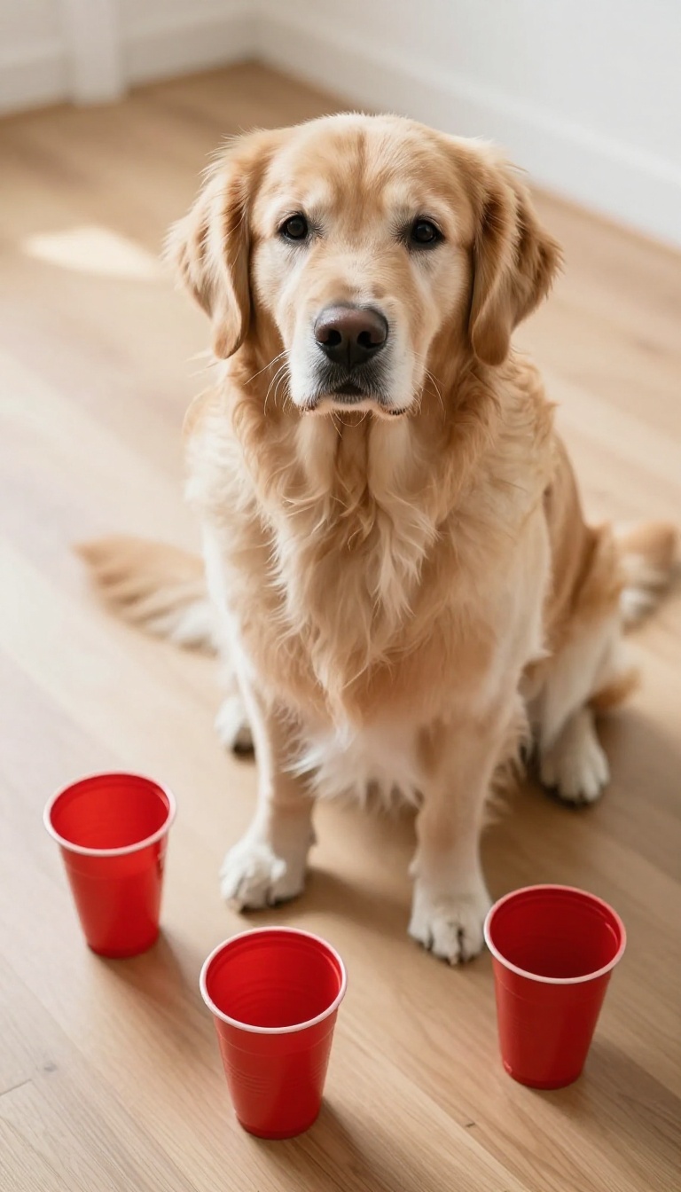 Senior golden retriever playing the shell game with three red cups on a wooden floor