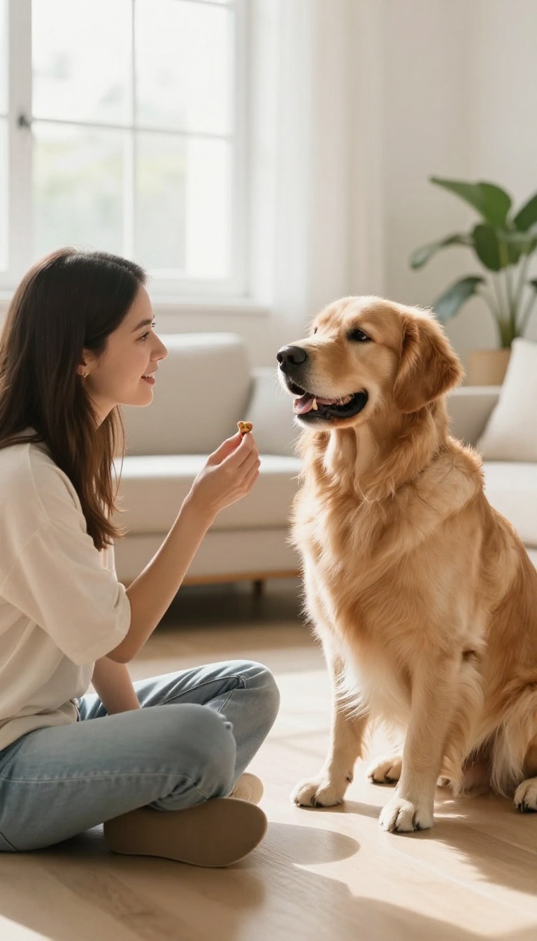 Dog looking at owner during a name recognition training exercise in a bright living room