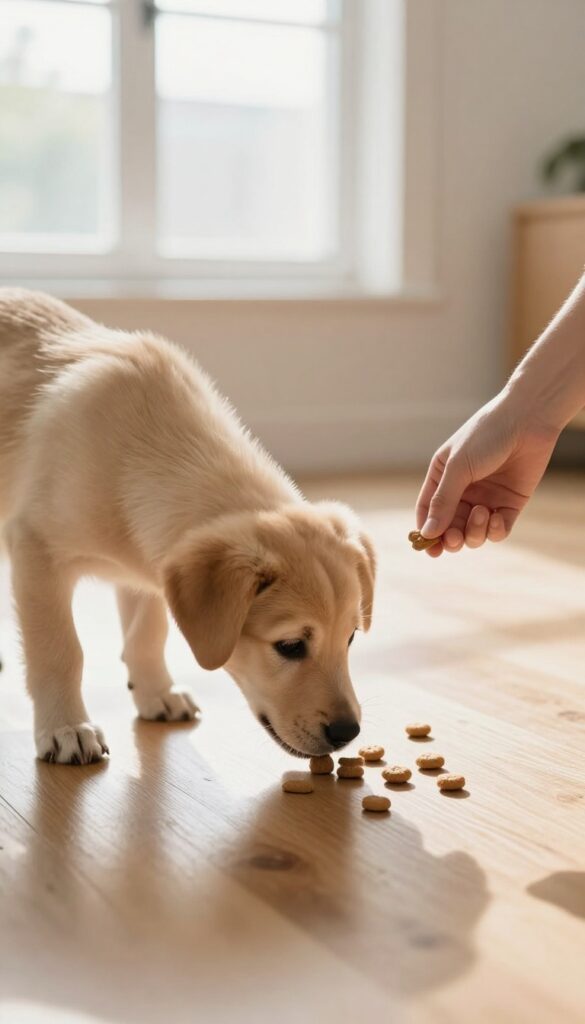Puppy training game with treat scatter on floor, person offering a high-value treat
