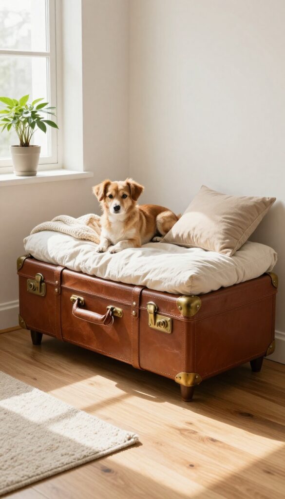 Vintage suitcase dog bed with plush cushion and wooden legs in a bright living room