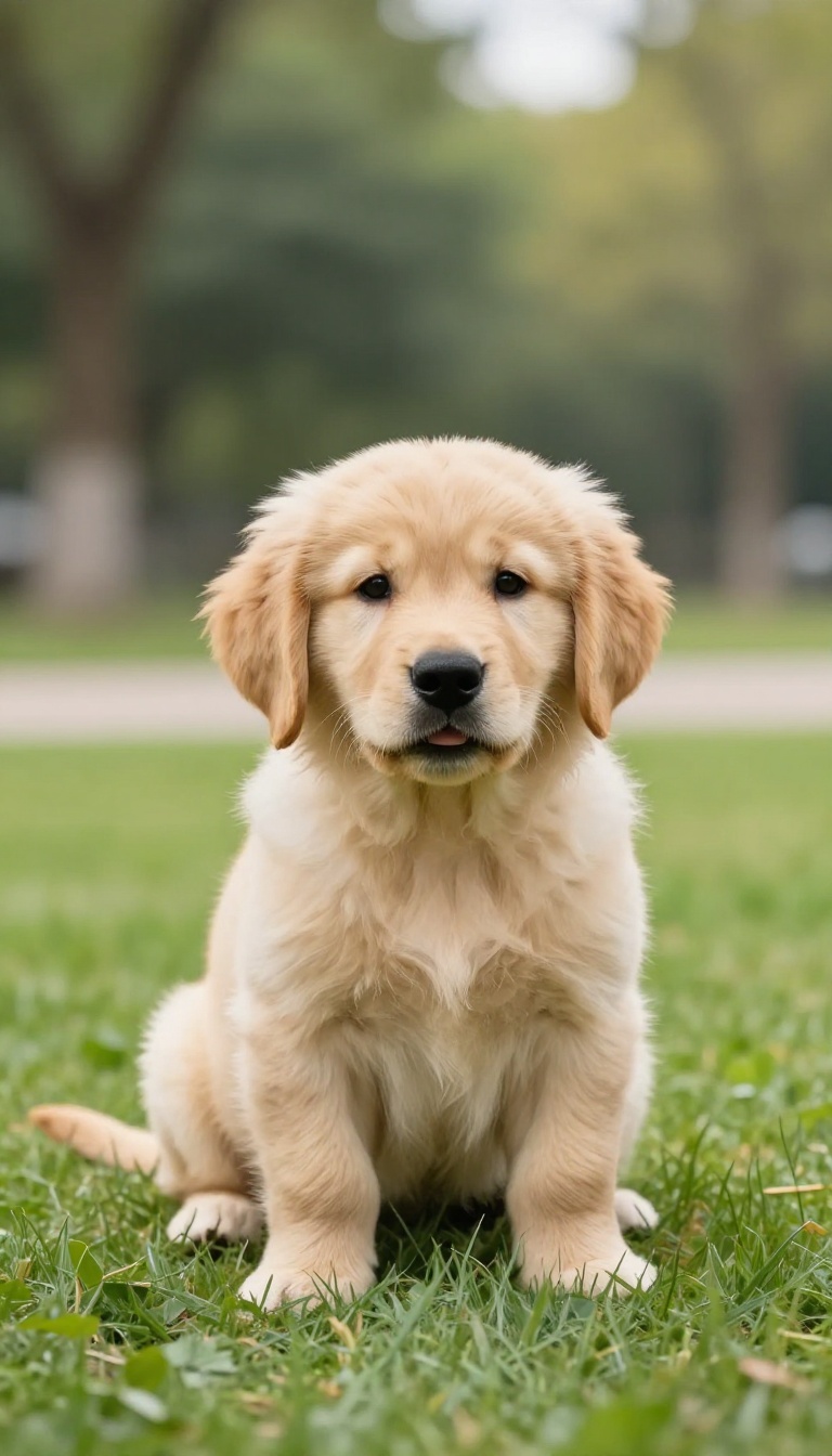 Golden retriever puppy focusing on a treat in a sunny park, illustrating the Name Game exercise for dog training.