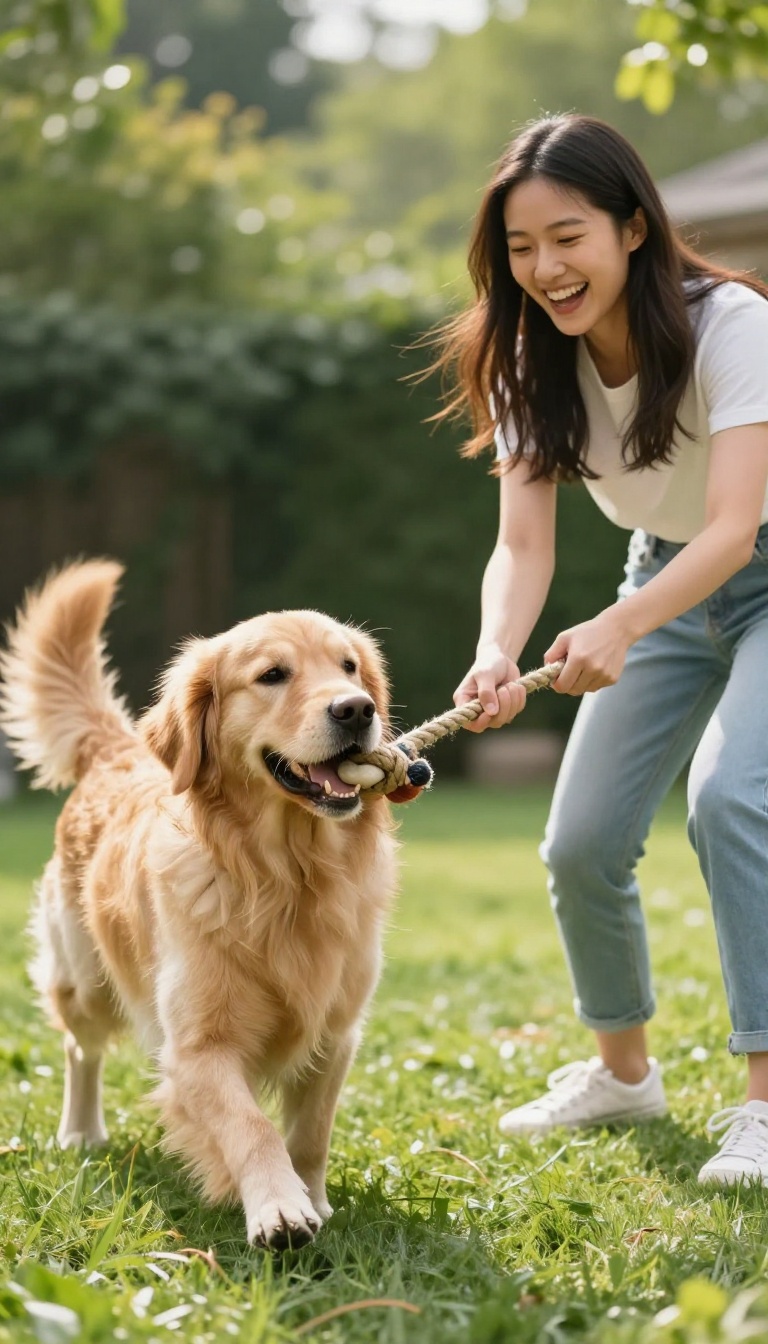 A woman and a golden retriever playing tug-of-war in a sunny backyard.
