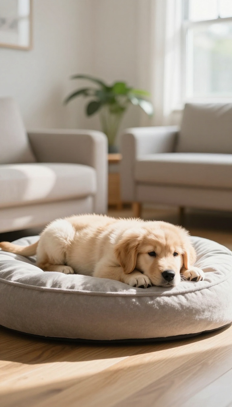 Golden retriever puppy resting calmly on a mat in a bright living room